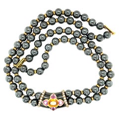 David Morris Hematite Bead Necklace with 1.18Ct Dia. 6.24Ct Pink/Yel Sapphires