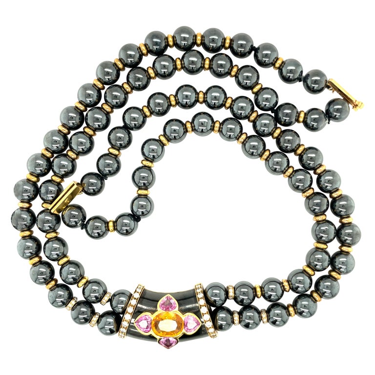 David Morris Hematite Bead Necklace with 1.18Ct Dia. 6.24Ct Pink/Yel Sapphires For Sale