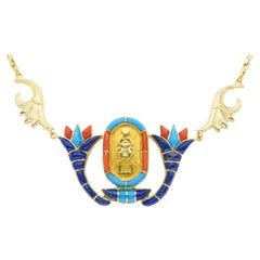 Vintage Cartouche Necklace Made in Gold with Lapis, Turquoise, and Coral Inlay