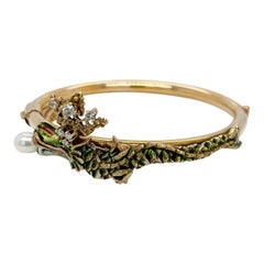 Vintage Chinese 14k Gold, Enamel, Pearl & Diamond Dragon Bangle Bracelet