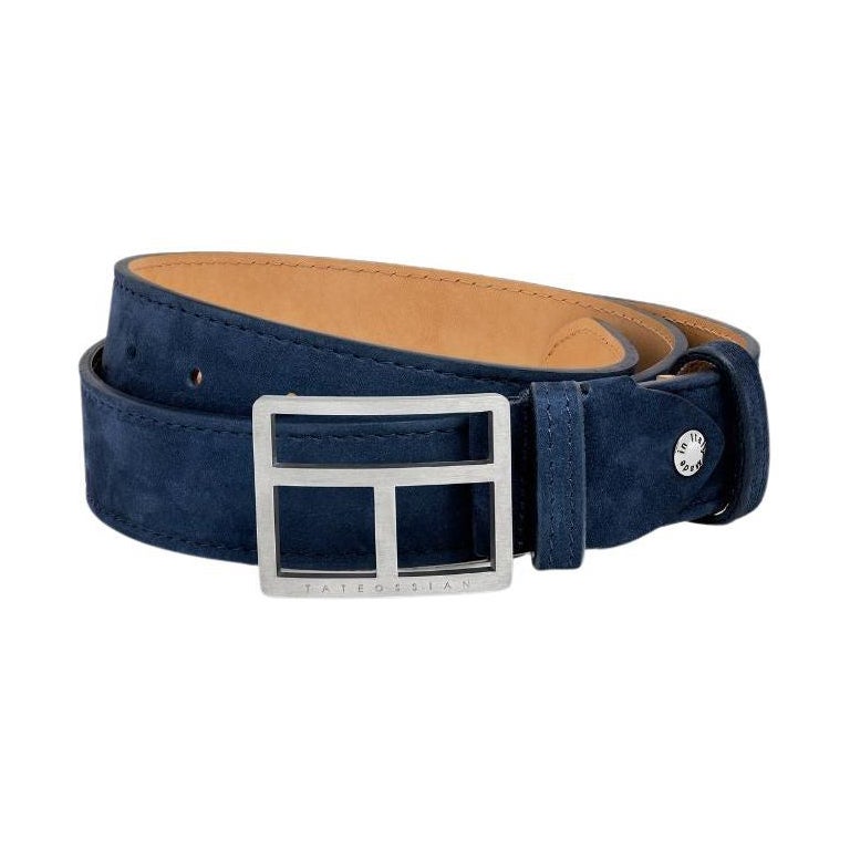 T-Bar Belt in Navy Leather & Brushed Titanium Clasp, Size M For Sale