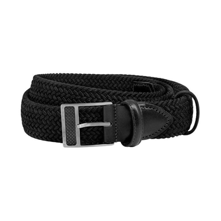 T-Buckle Belt in Black Rayon and Leather & Brushed Titanium Clasp, Size L
