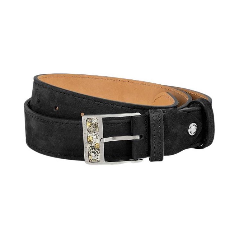 Gear T-Buckle Belt in Black Leather & Brushed Titanium Clasp, Size M