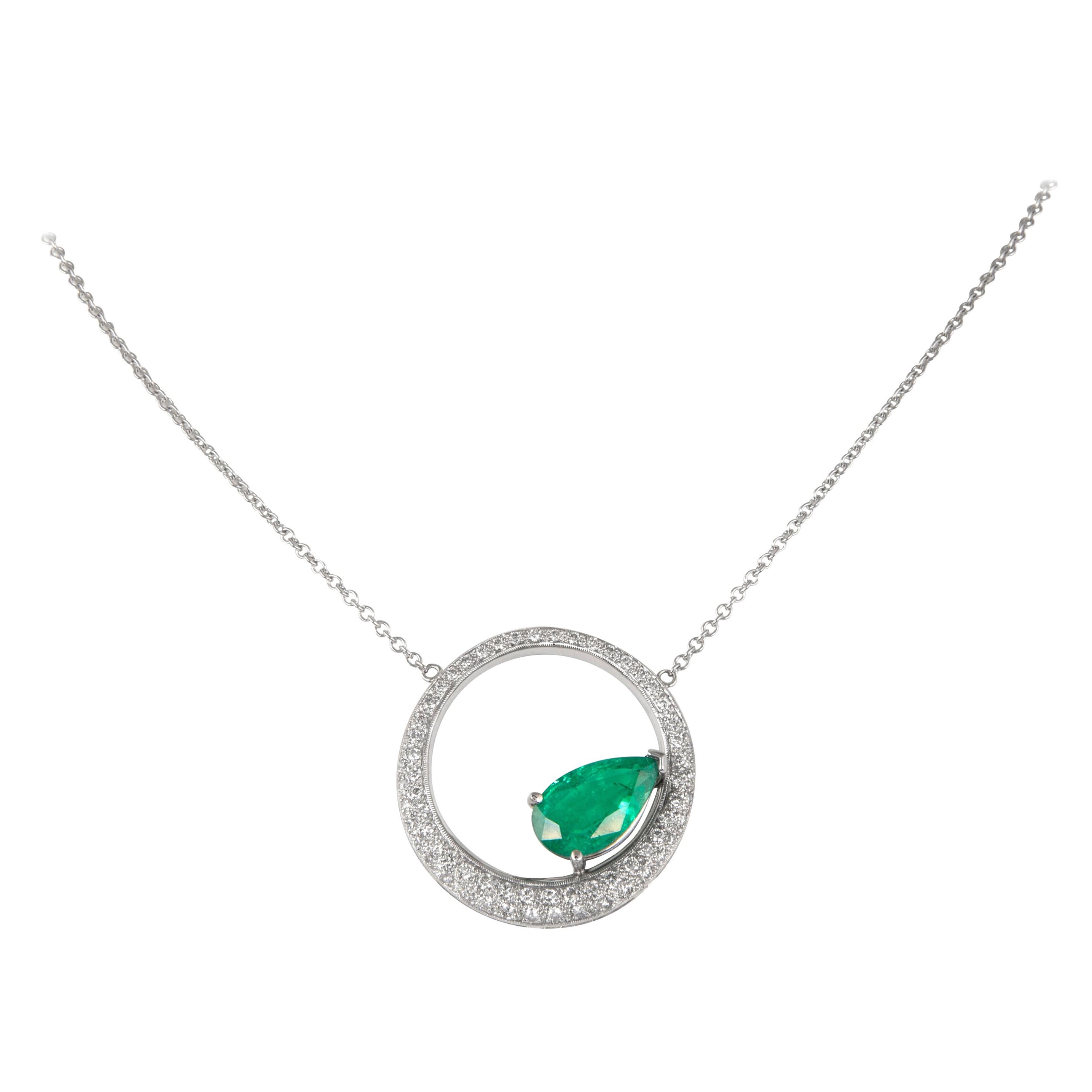 Alexander 2.99ct Emerald with Pave Diamond 18k White Gold Pendant Necklace For Sale