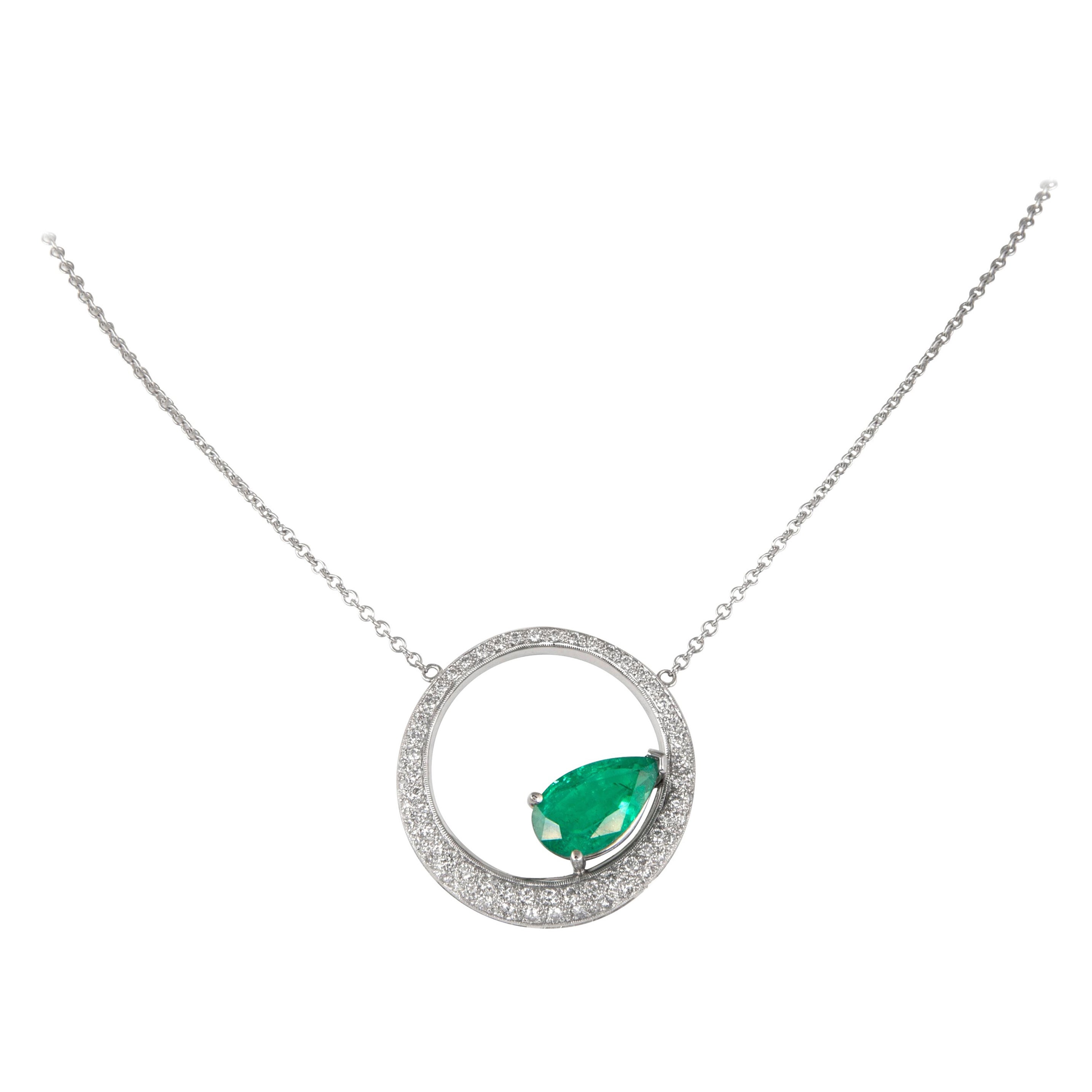 Alexander 2.99ct Emerald with Pave Diamond 18k White Gold Pendant Necklace