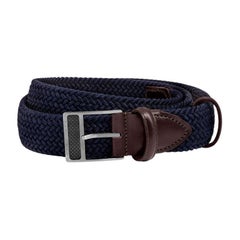 T-Buckle Belt in Navy Rayon and Leather & Brushed Titanium Clasp, Size M