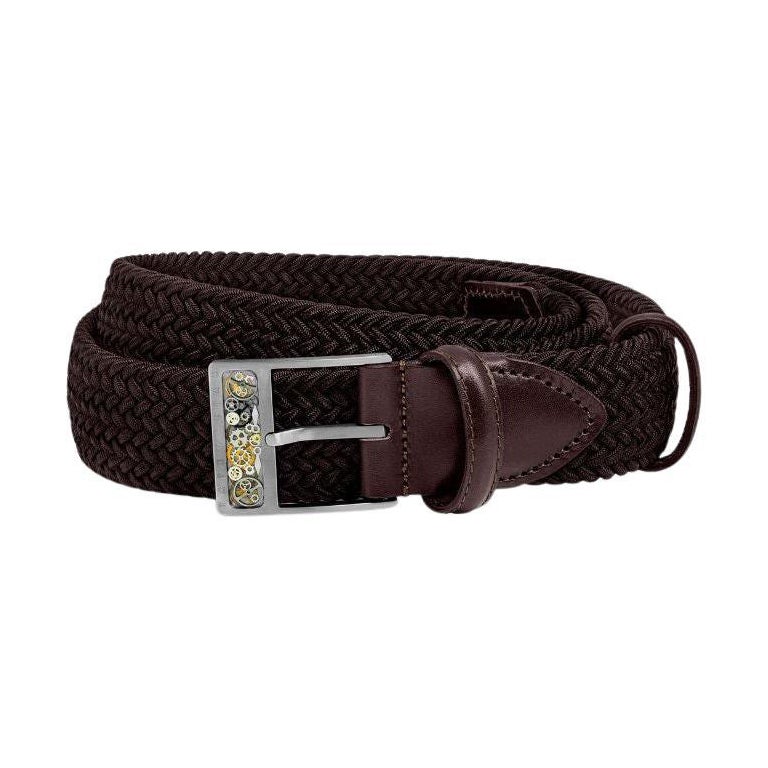 Gear T-Buckle Belt in Brown Rayon and Leather & Brushed Titanium Clasp, Size L