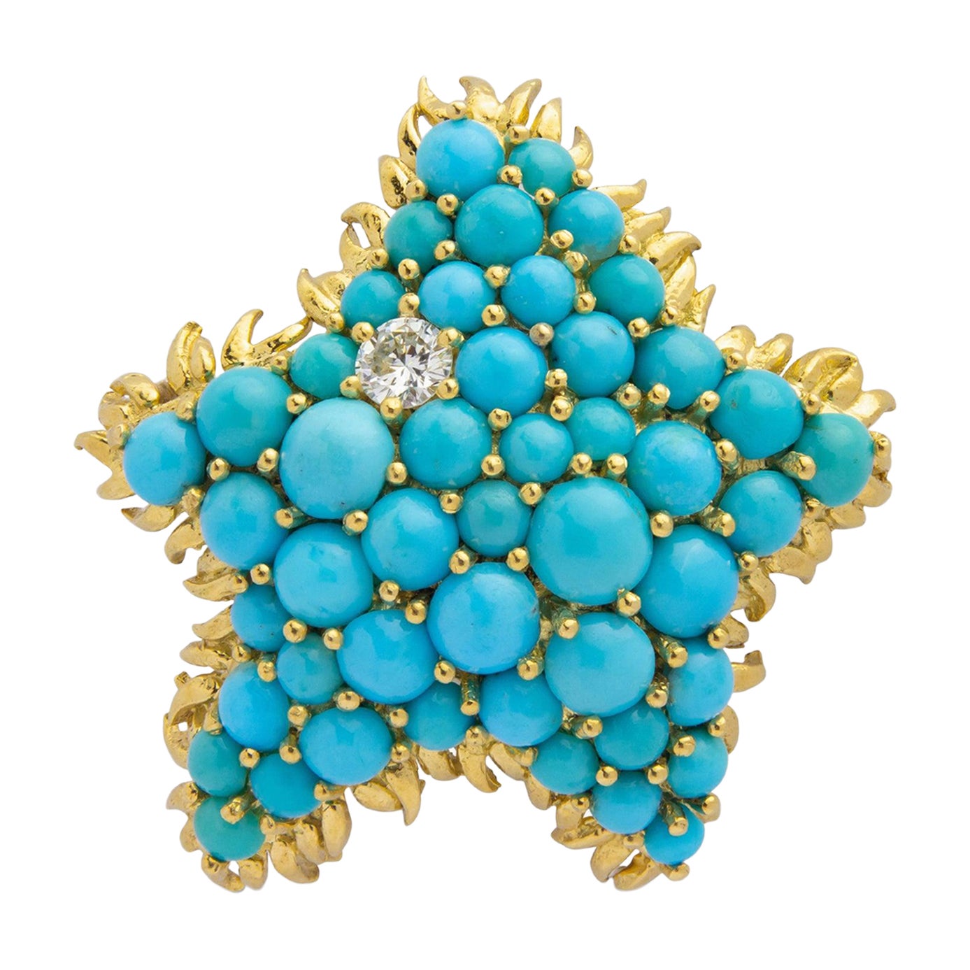 Tiffany & Co, 18 Karat Yellow Gold, Turquoise & Diamond Starfish Brooch Pin