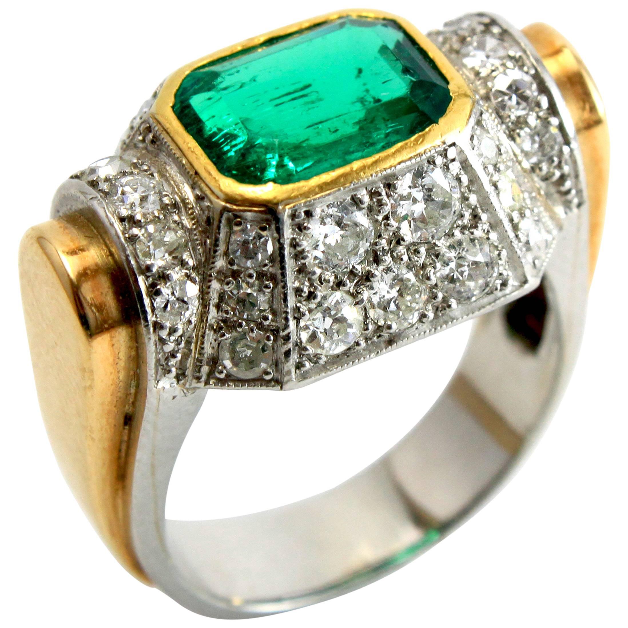 Art Deco Architectural Emerald Diamond Platinum and 18K Yellow Gold Ring