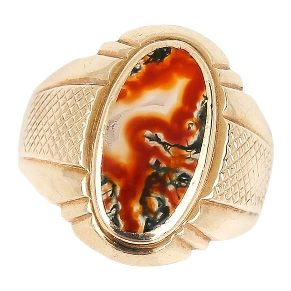 Vintage Oval Red and Green Moss Agate Signet Ring, Circa 1969 For Sale