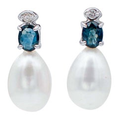 Sapphires, Diamonds, Pearls, 18 Karat White Gold Earrings