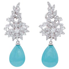 Turquoise, Diamonds, 8 Karat White Gold Dangle Earrings