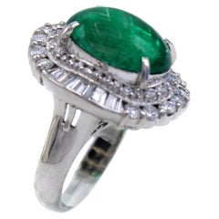 Colombian Cabochon Emerald Diamond Platinum Ring