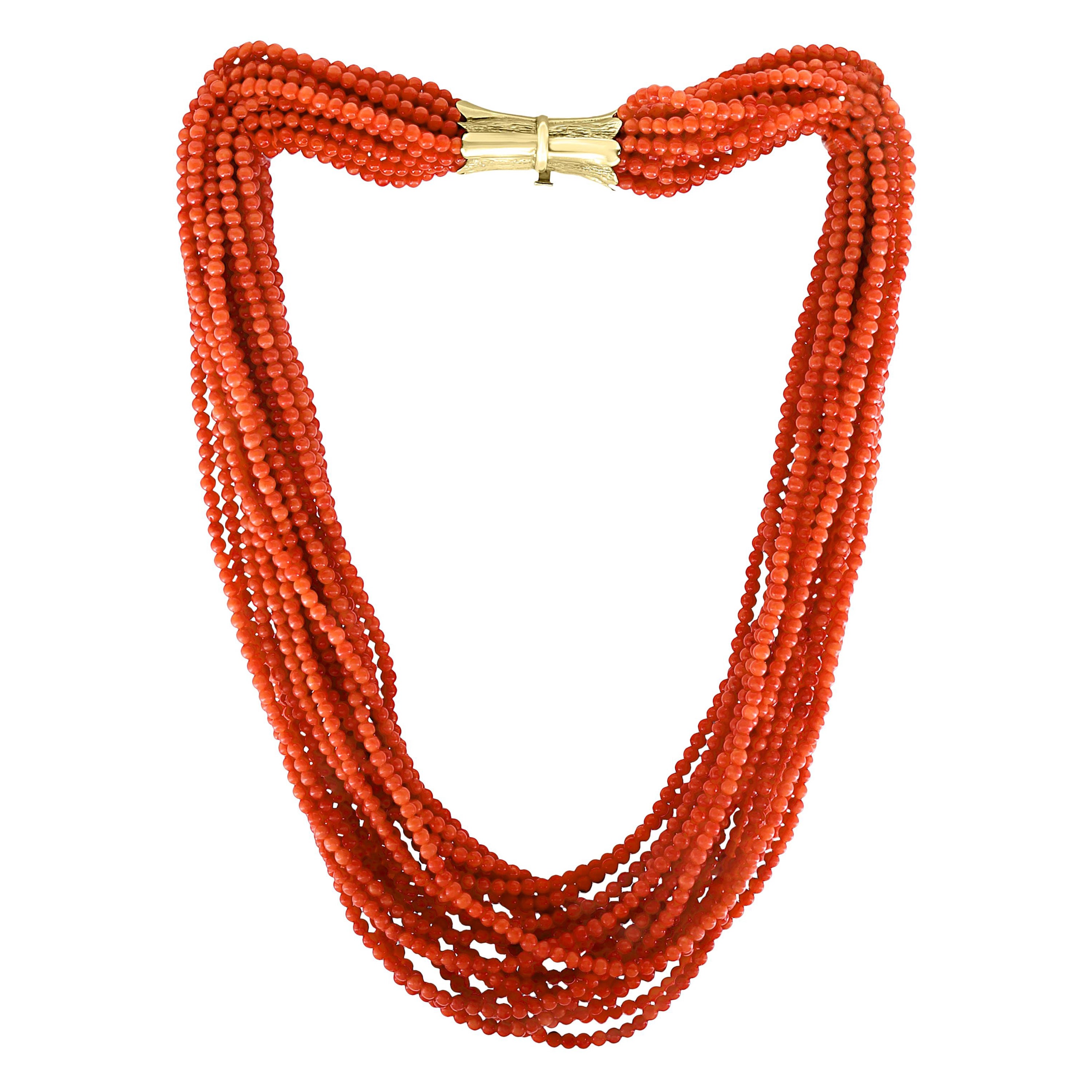 Natural Coral Multi Layer Bead Necklace 18 Karat Yellow Gold Clasp Estate For Sale