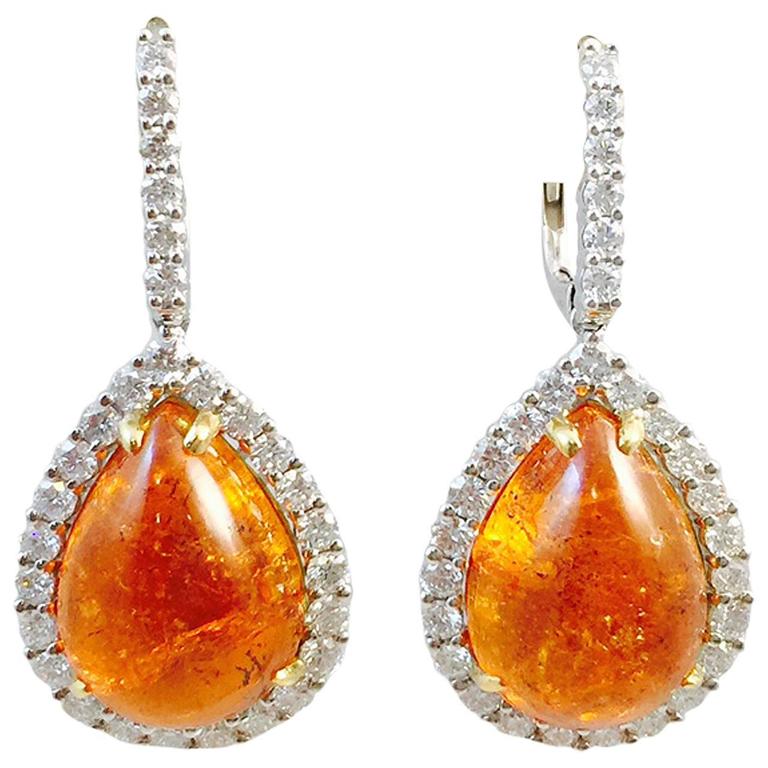 Karina Brez Mandarin Orange Pear Shape Diamond Gold Earrings For