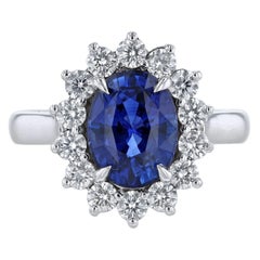 18K White Gold GIA Certified Blue Sapphire Diamond Halo Ring