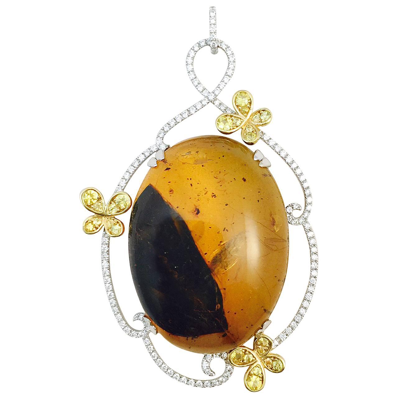 Karina Brez Oval Amber Diamond Yellow Sapphire Gold Butterflies Pendant For Sale