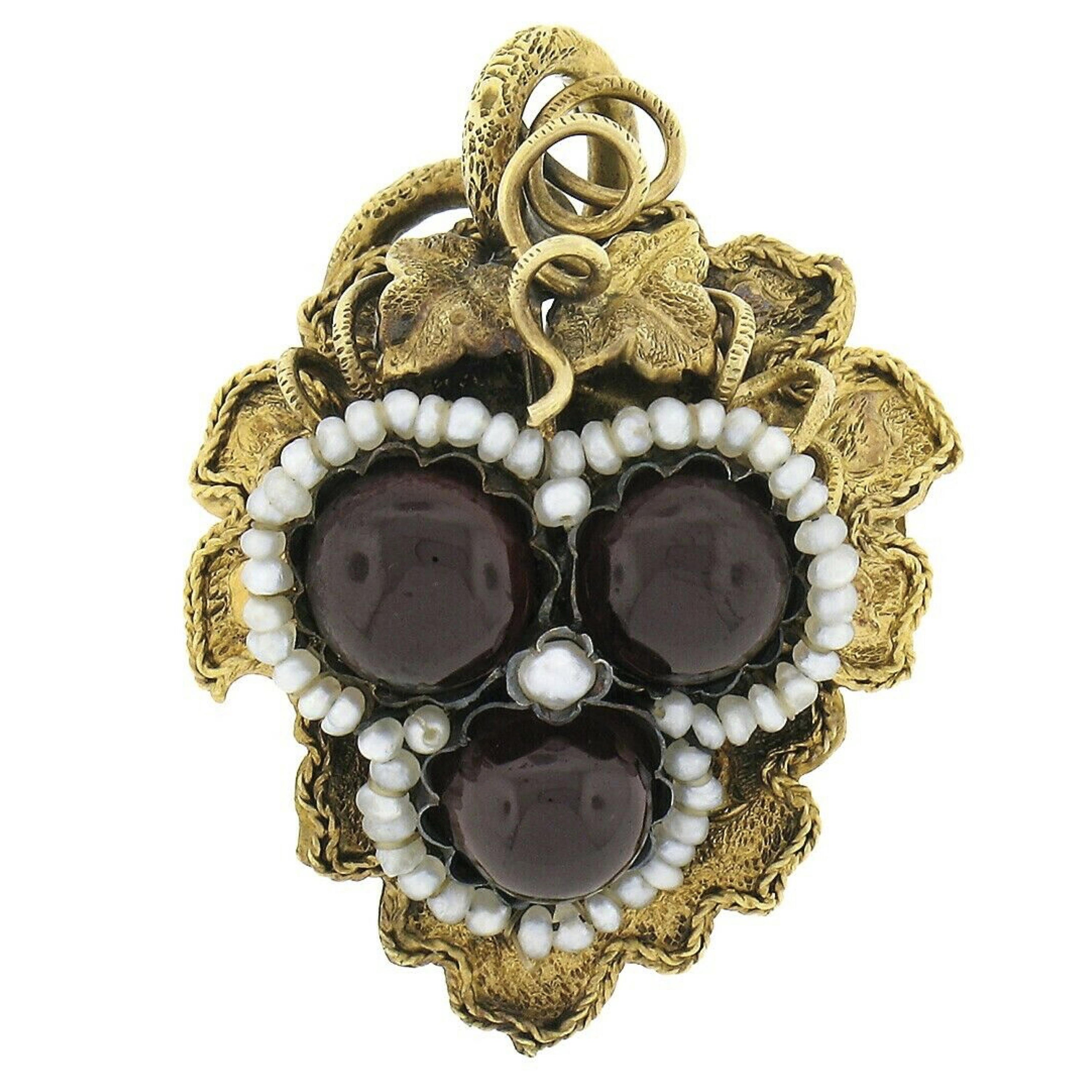 Antique Arts & Crafts 14k Gold Garnet & Pearl Textured 3D Foliage Brooch Pendant For Sale