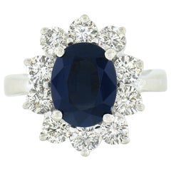 Vintage 14k White Gold 5.05ctw GIA No Heat Sapphire & Diamond Halo Princess Diana Ring