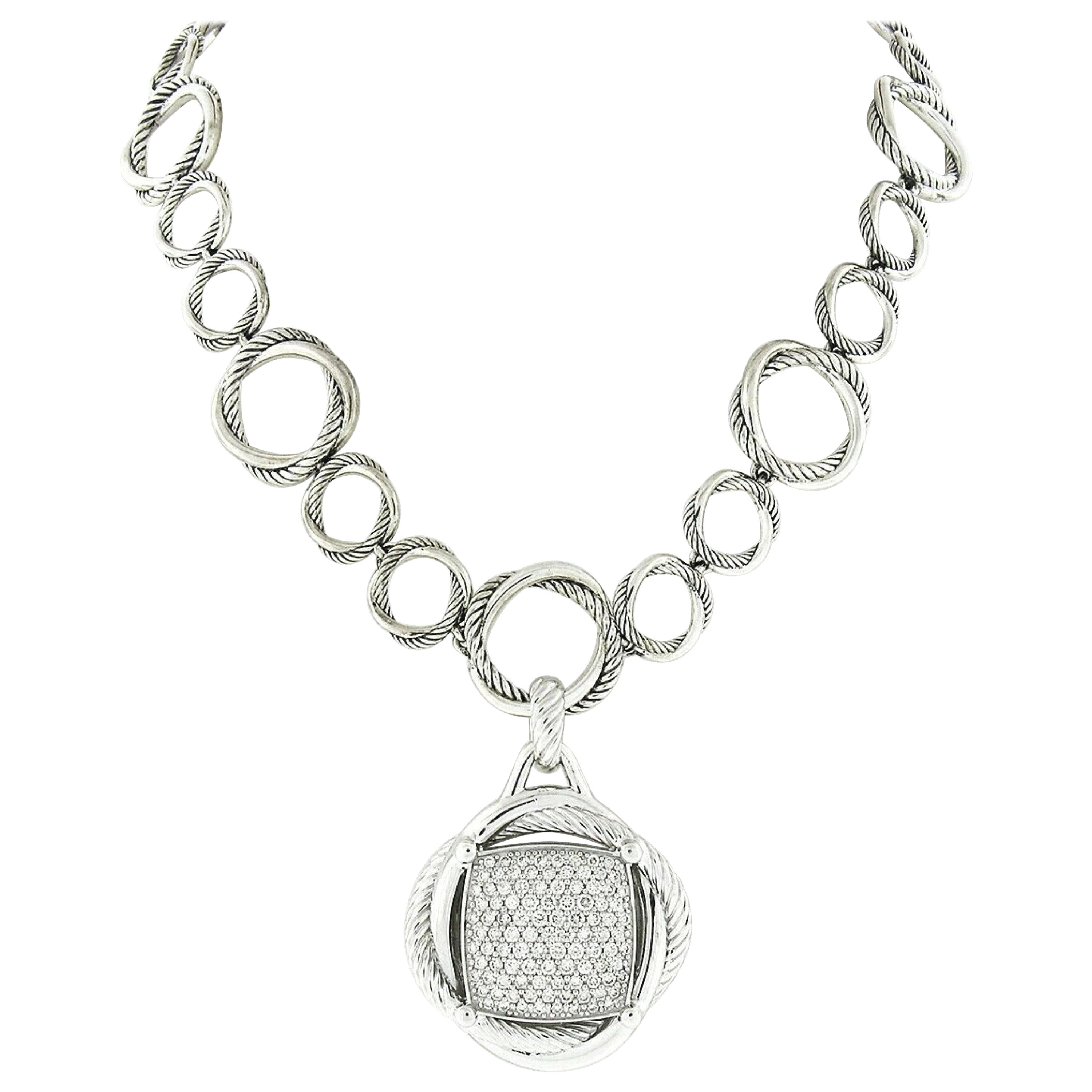 David Yurman Silver Pave Diamond Large Crossover Infinity Pendant Chain Necklace