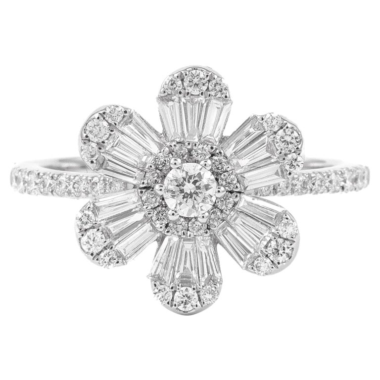 Alexander Tapered Baguette Diamond Floral Ring 18k White Gold at 1stDibs