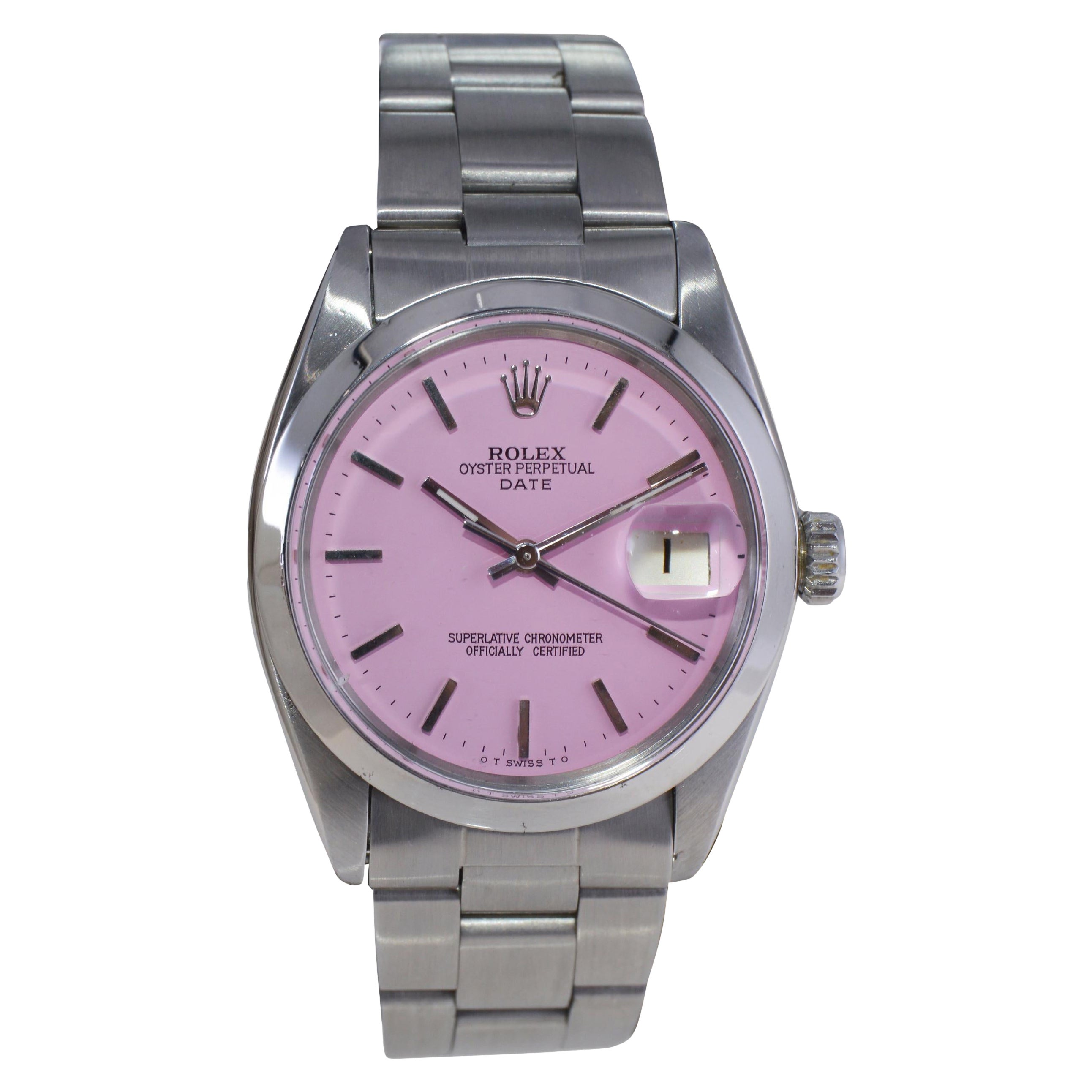 Rolex Steel Oyster Perpetual Date with Custom Made Pink Dial circa Mid 1970's For Sale