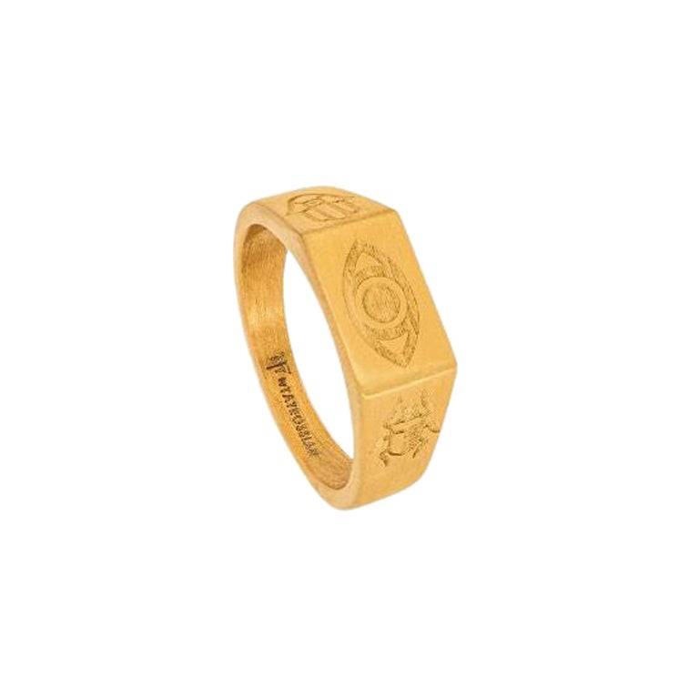 Yellow Gold Plated Stainless Steel Protective Amulet Ring, Size M For Sale