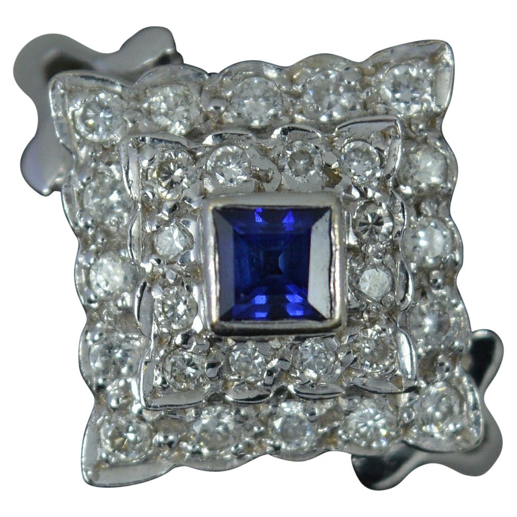 Art Deco Design 18ct White Gold Blue Sapphire and Diamond Cluster Ring