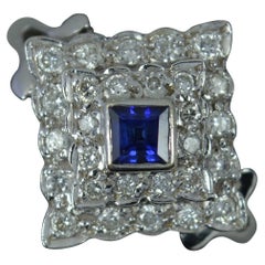 Art Deco Design 18ct White Gold Blue Sapphire and Diamond Cluster Ring