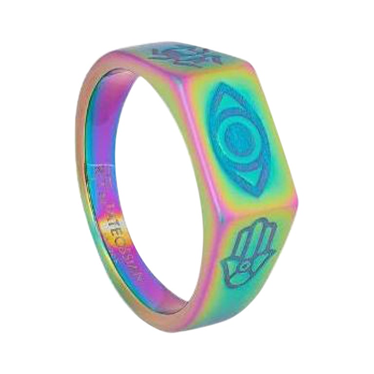 Iridescent Stainless Steel Kaleidoscope Amulet Ring, Size M For Sale