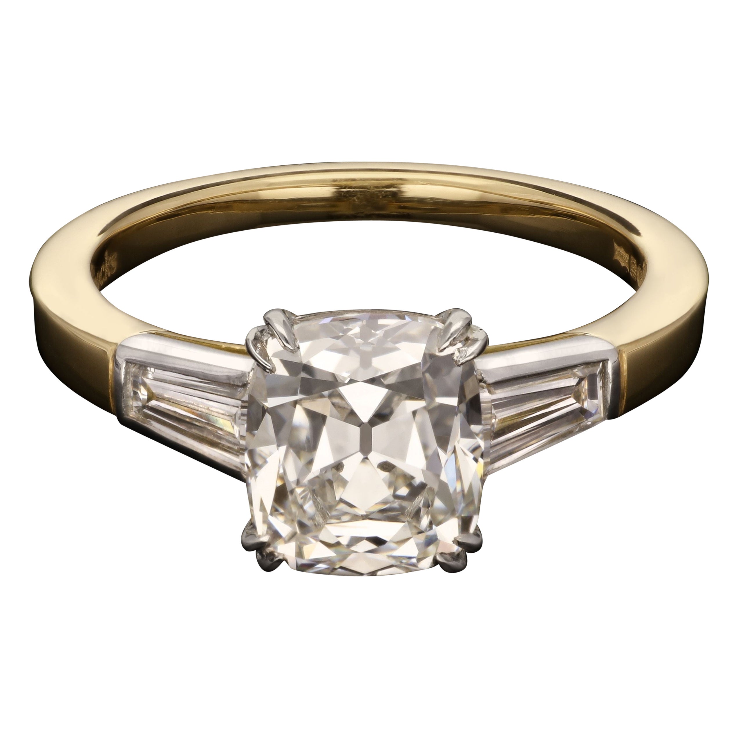 Hancocks 2.01ct Old Mine Cushion Cut Diamond Ring Tapered Baguette Shoulders For Sale