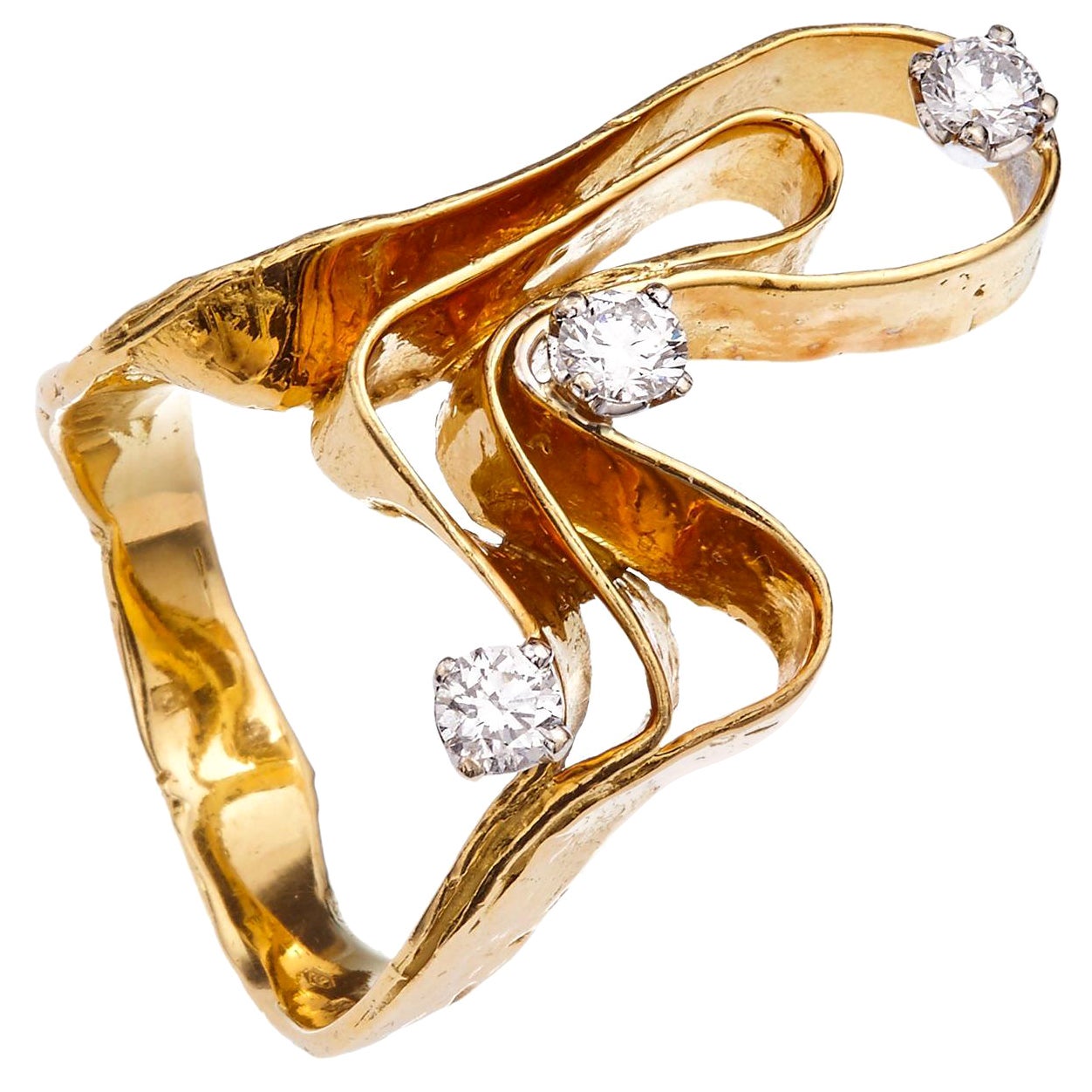 18K Yellow Gold Made in Italy Diamond Grounding Asymmetric Three Stones Ring  For Sale