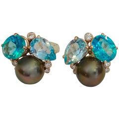 Aquamarine blue topaz Tahitian pearl diamond cluster earrings