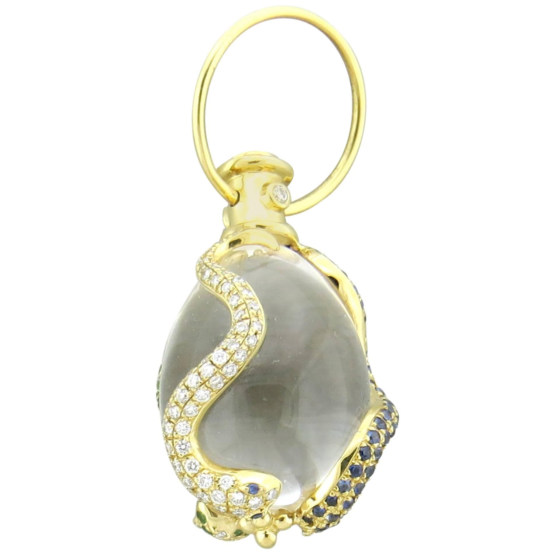 Temple St. Clair Crystal Sapphire Tsavorite Diamond Gold Snake Amulet Pendant For Sale