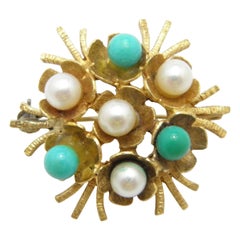 Antique 22ct Gold Pearl and Turquoise Spray Brooch Pin C1870 Heavy 10.3g