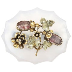 Victorian 15ct Gold Chalcedony and Pink Foiled Quartz Floral Brooch, Circa 1860