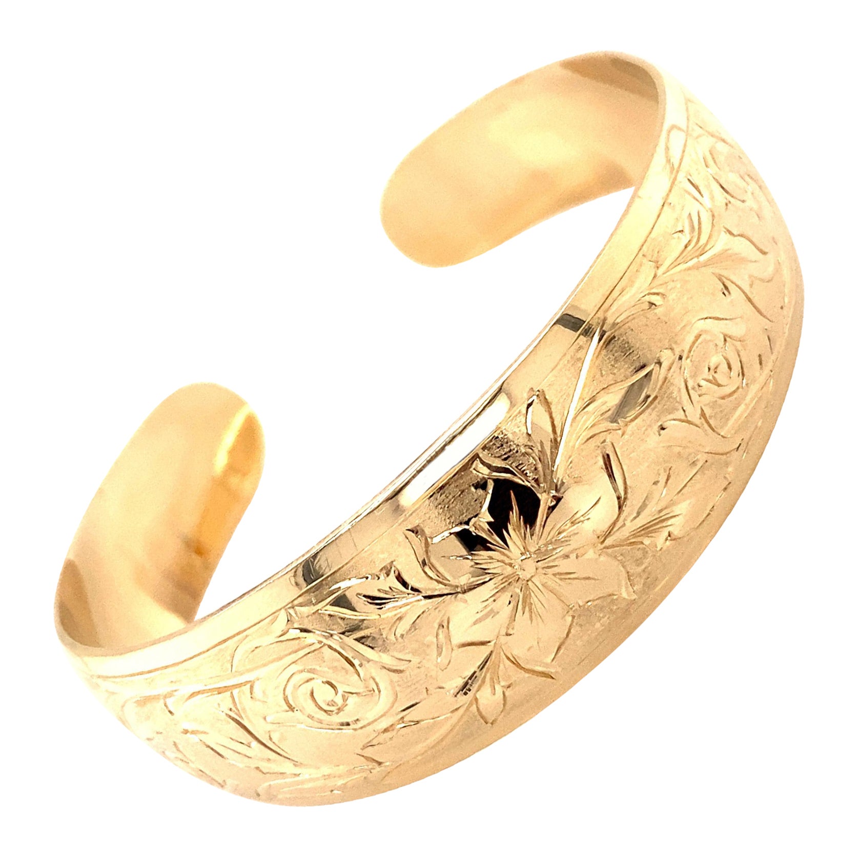 Vintage 1990’s 14k Yellow Gold Hand Engraved Wide Cuff Bangle Bracelet For Sale