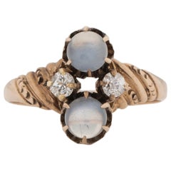 Victorian 14K Rose Gold Moonstone and Old European Cut Diamond Two Stone Ring 