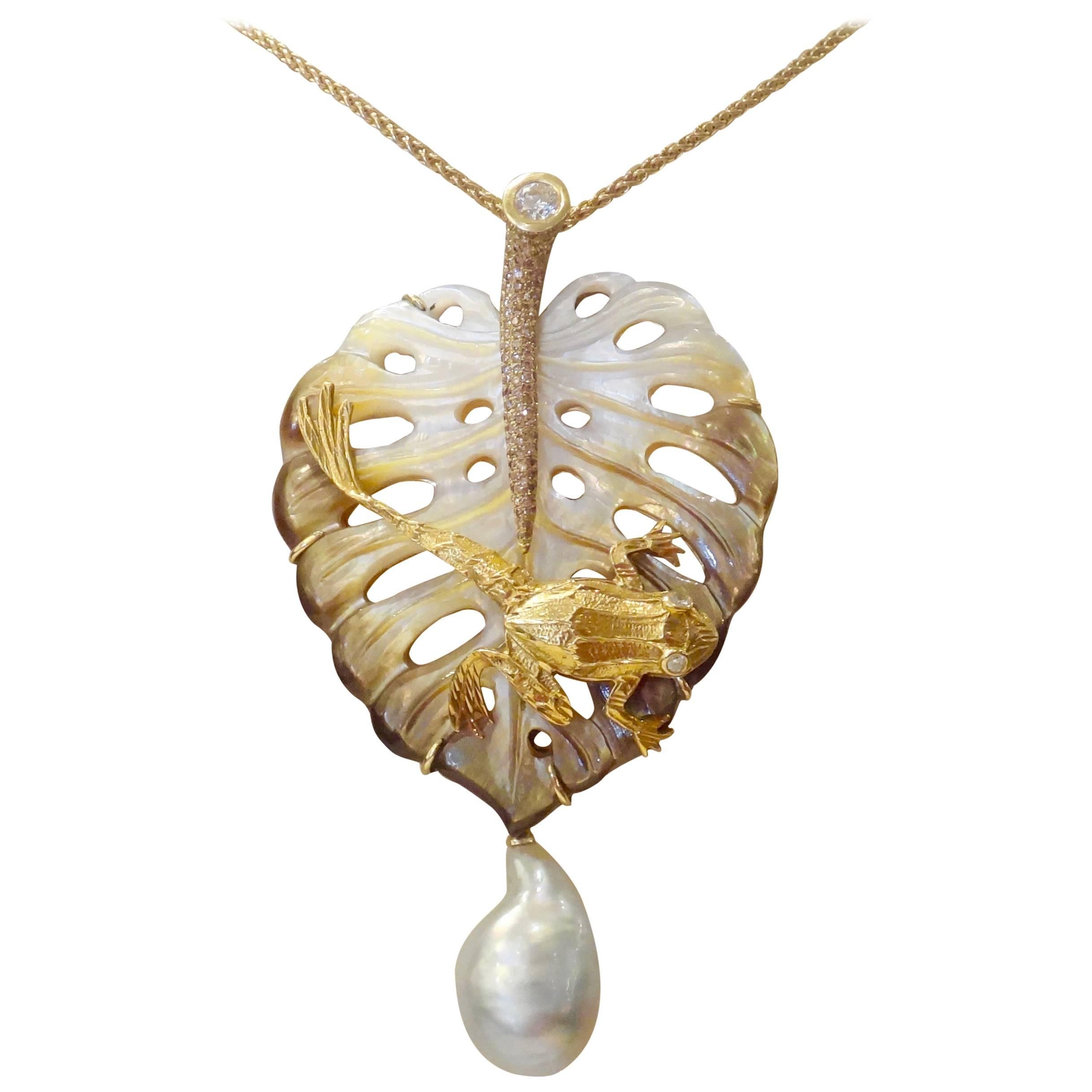 Michael Kneebone Mother-of-Pearl Tahitian Pearl Diamond Frog On Leaf Pendant