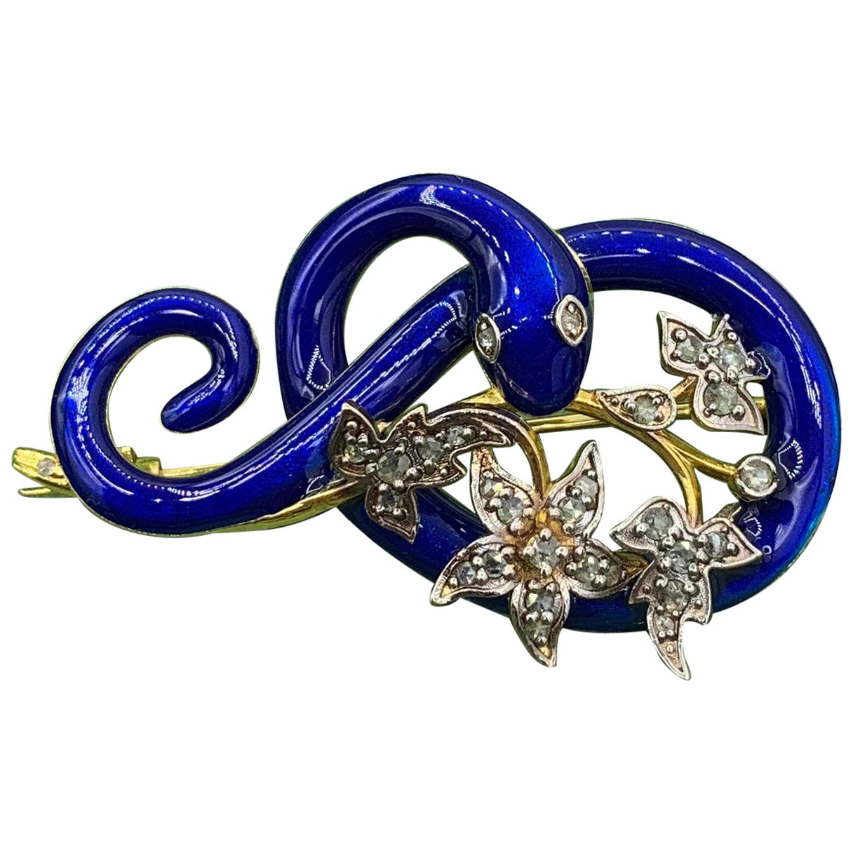 Snake Holding Flowers Brooch Rose Cut Diamond Royal Blue Enamel Flower Motif For Sale