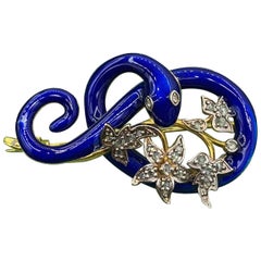 Snake Holding Flowers Brooch Rose Cut Diamond Royal Blue Enamel Flower Motif