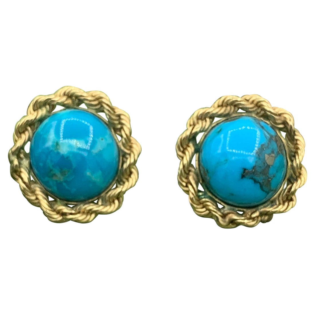 Retro Turquoise Earrings 14 Karat Gold Braided Border Mid-Century For Sale
