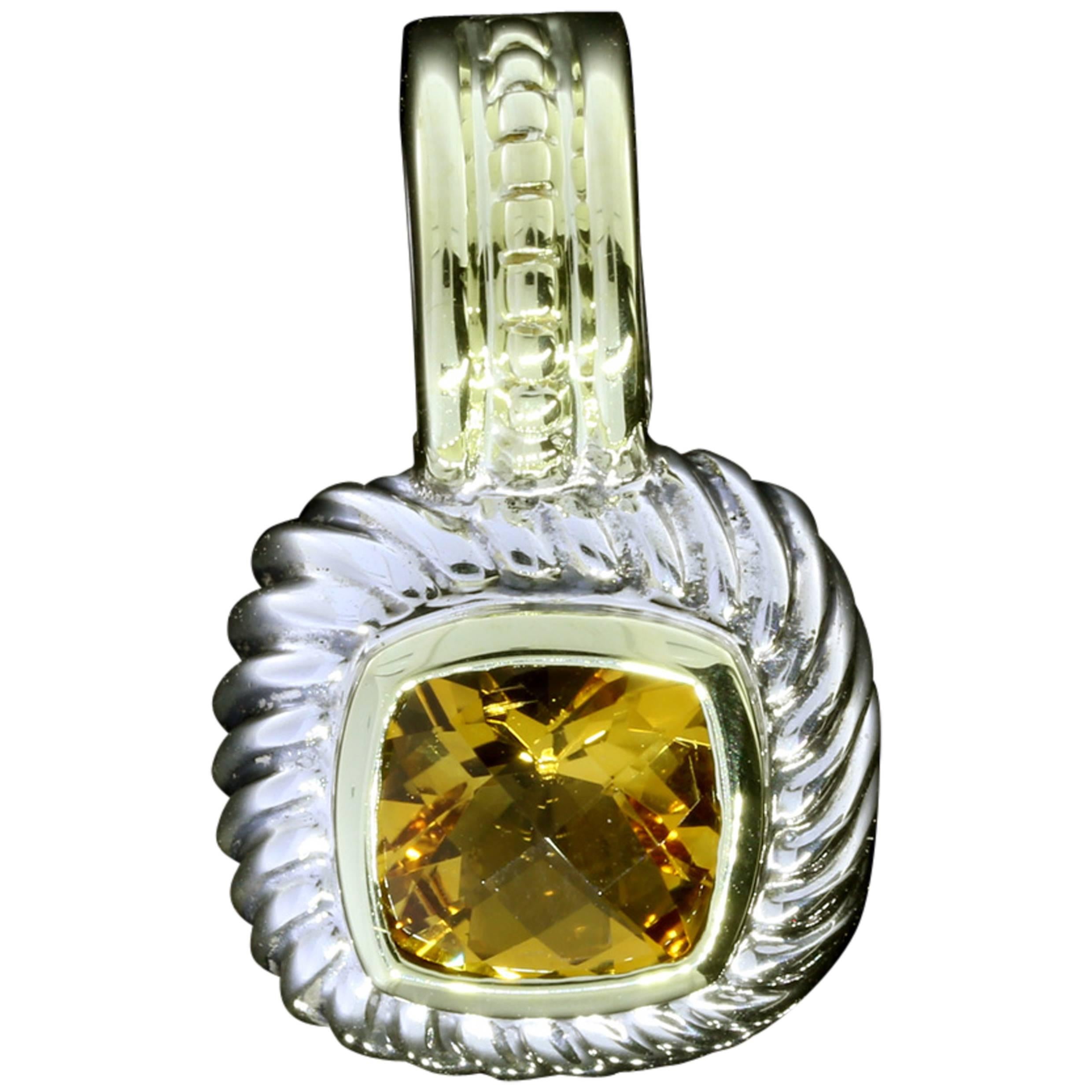 David Yurman Cushion Citrine Sterling Silver Gold Pendant