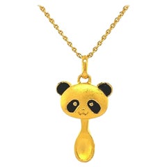 Vintage 24 Karat Pure Yellow Gold and Black Enamel Panda Baby Spoon Pendant Necklace 
