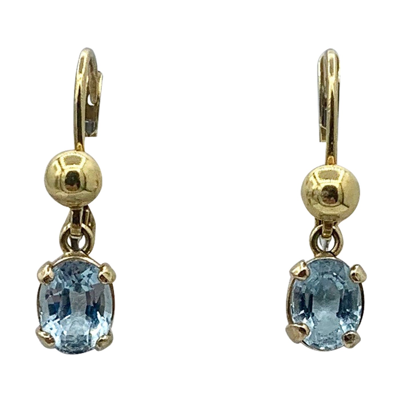 3.5 Carat Blue Topaz Dangle Earrings 14 Karat Gold Mid-Century Lever Backs