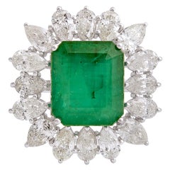 Zambian Emerald Cocktail Ring Pear Diamond Solid 18k White Gold Fine Jewelry