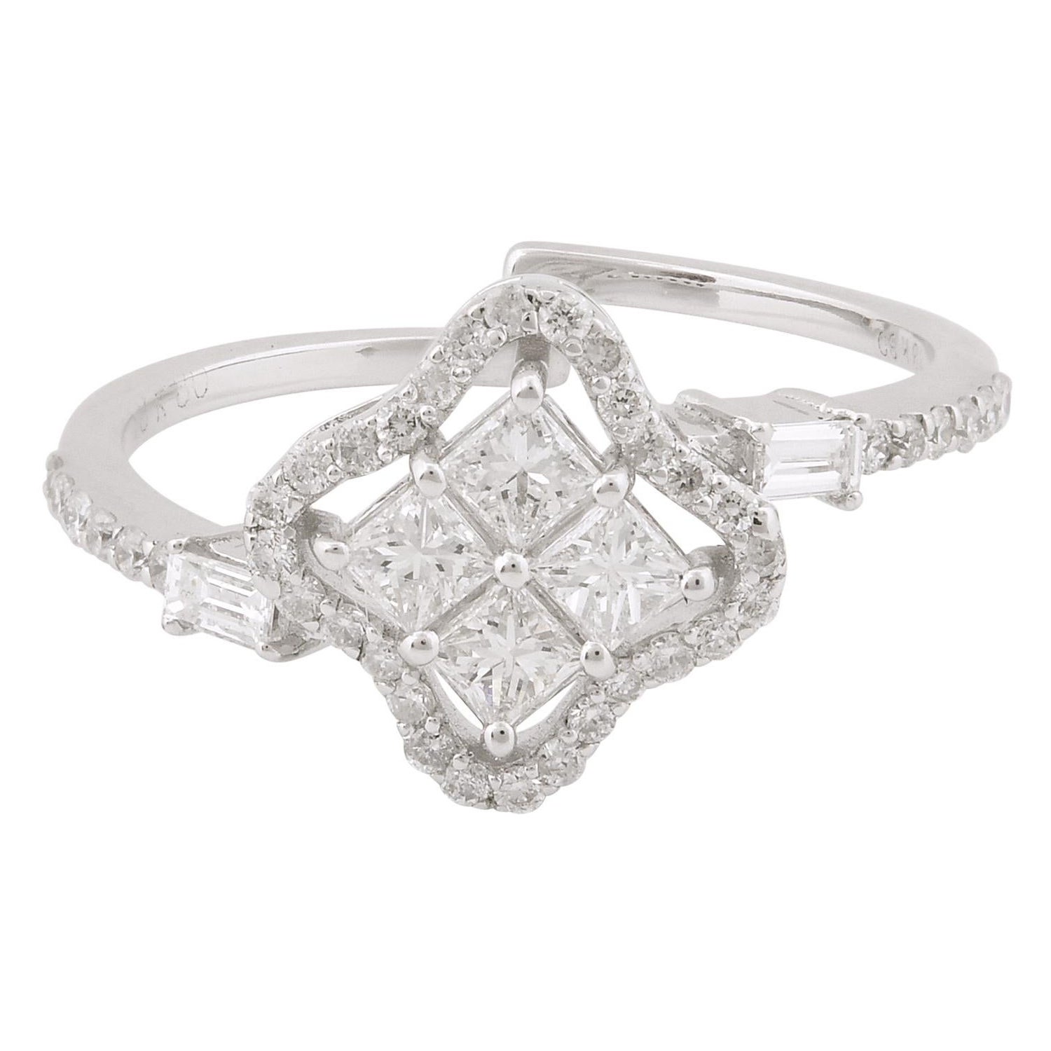 0.67 Carat Princess Cut Diamond Clover Ring Solid 18k White Gold Fine Jewelry
