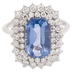 Vintage 4.51 Carats Unheated Ceylon Sapphire Diamonds 18 Carats White Gold Daisy Ring