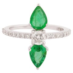 Pear Zambian Emerald Gemstone Band Ring Diamond Solid 18k White Gold Jewelry