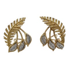 Diamond Leaf 18 Karat Two Tone Gold Leverback Vintage Earrings